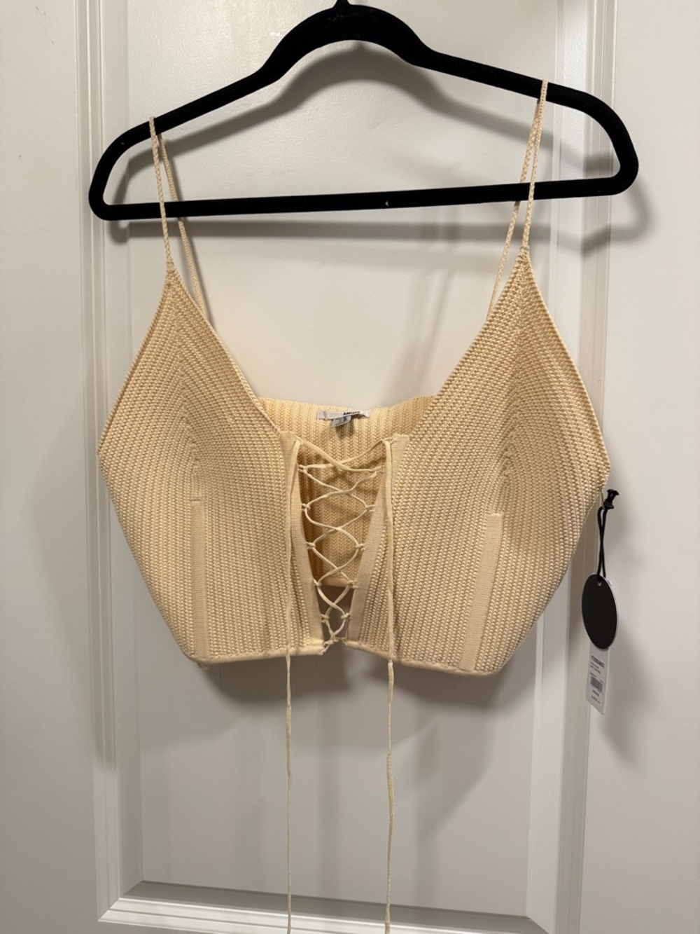 Beige Lace-Up Knit Crop Cami Top